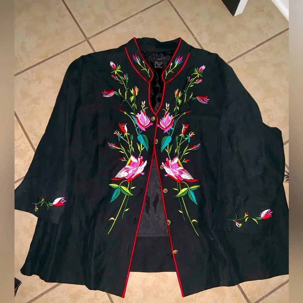 silkland embroidered floral silk blazer jacket 3x $130 spring boho classic